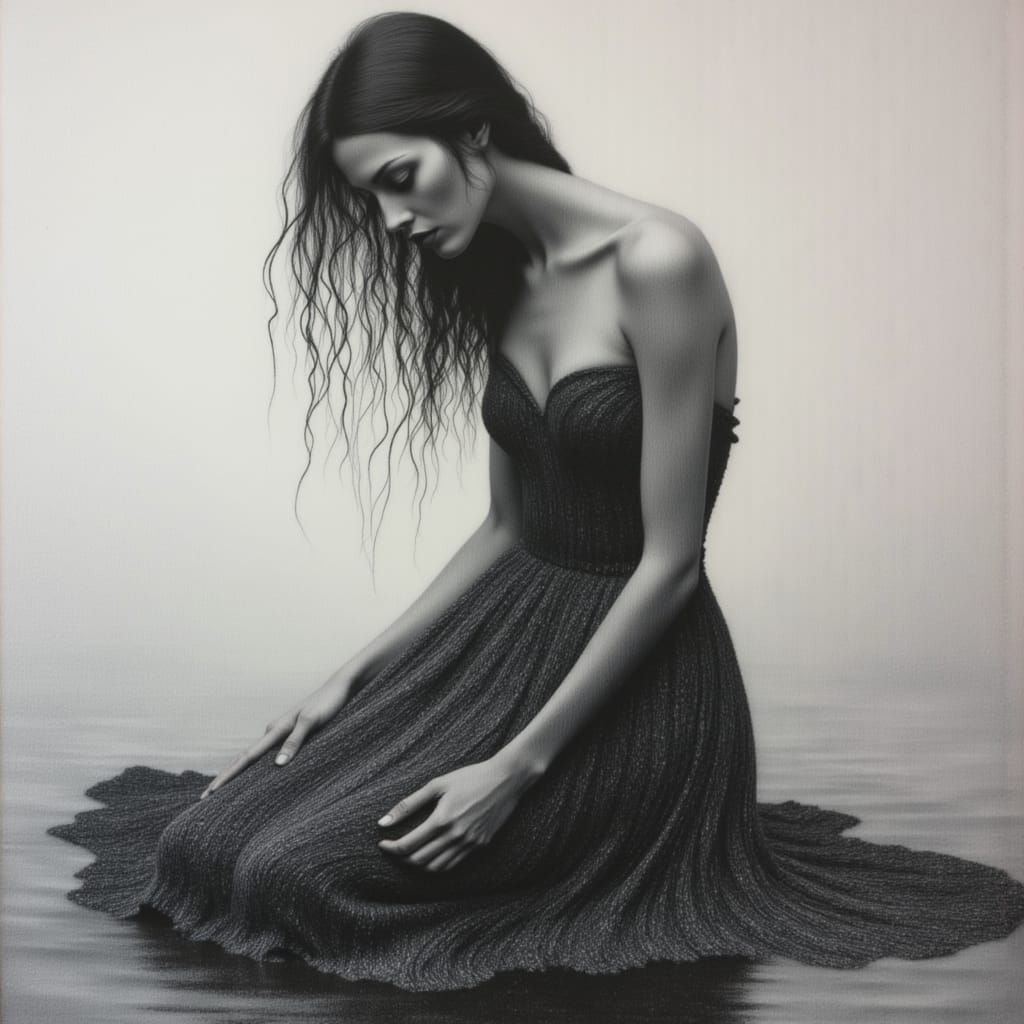 Monochrome Muse in Water: Textured Sculptural Painting