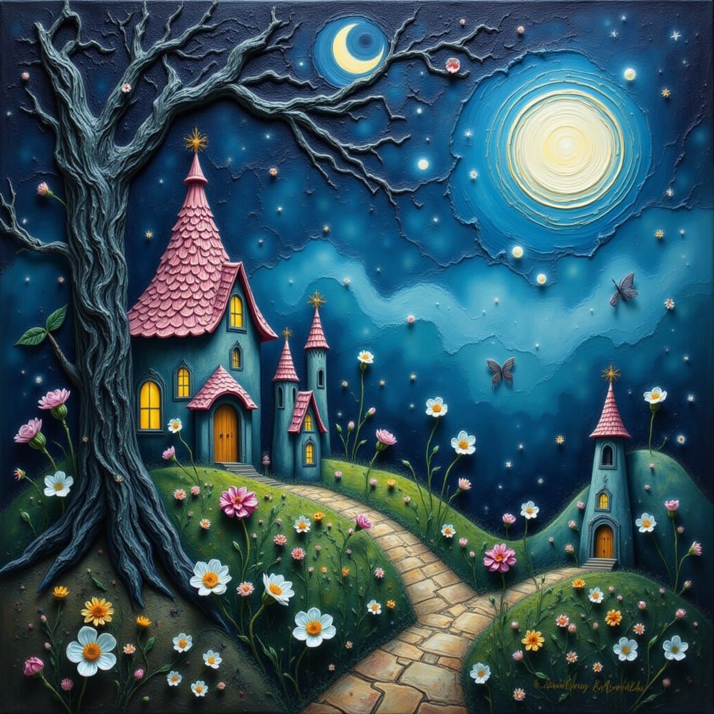 Dreamlike Houses Under Starry Night Sky