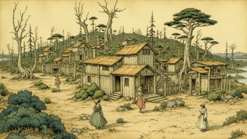 Desert Kibbutz in Arthur Rackham Style