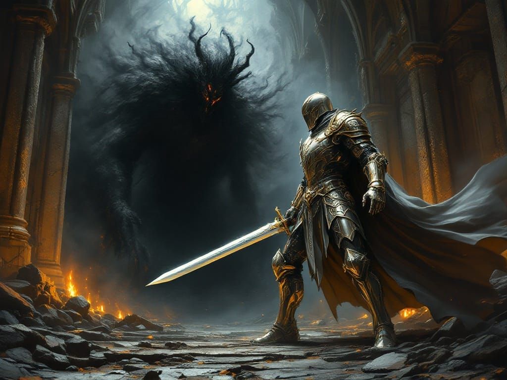 Heroic Knight Conquers Dark Demon in Ruined Cathedral