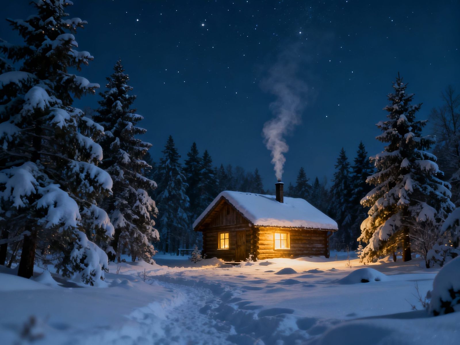 Fairytale Winter Night Landscape with Cozy Cabin