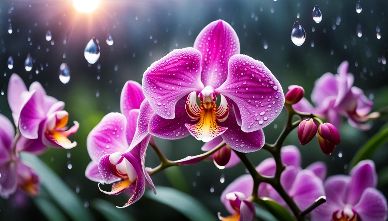 Orchid with Raindrops in Heavenly Sunrise
