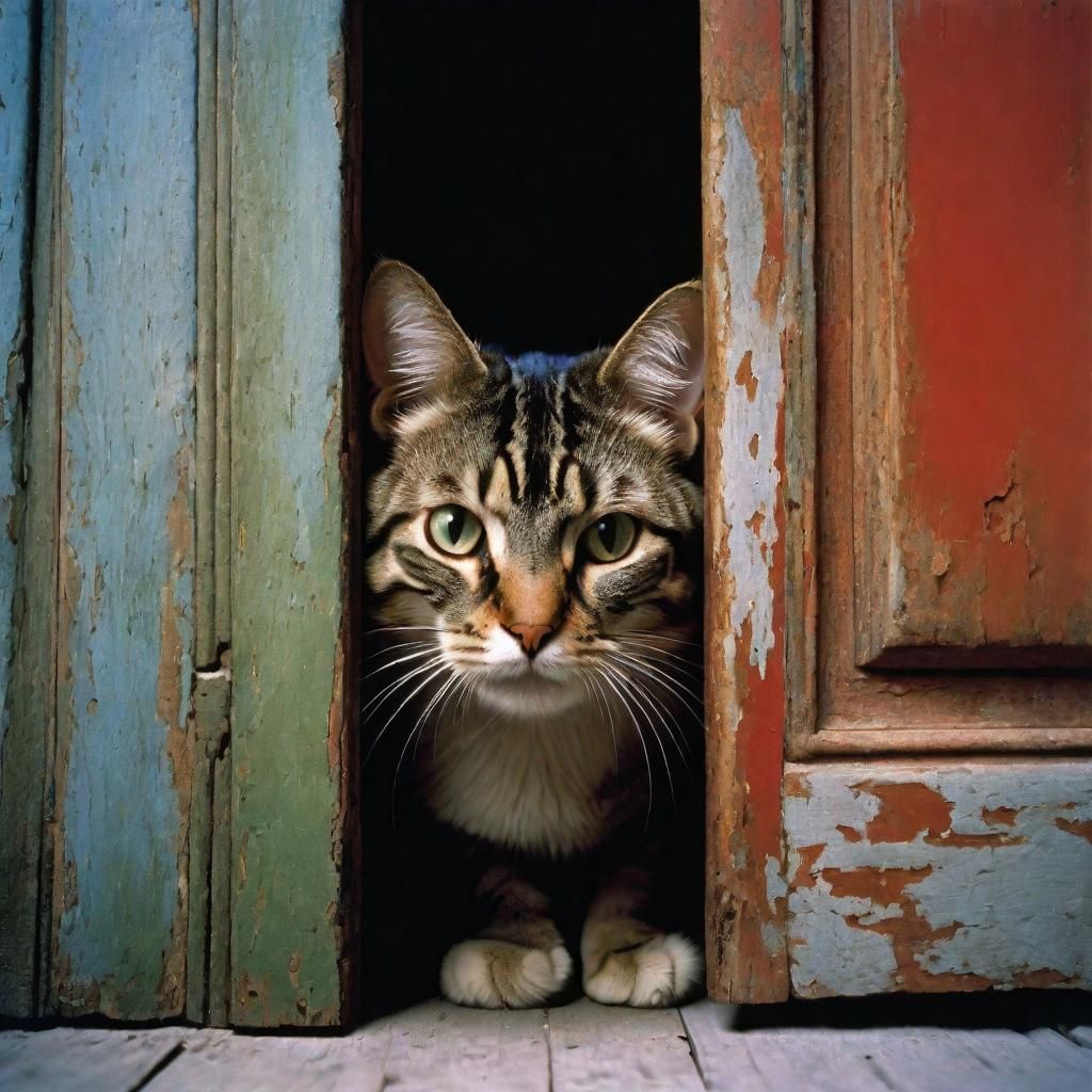 Dramatic Cat Portrait Behind Old Wooden Door