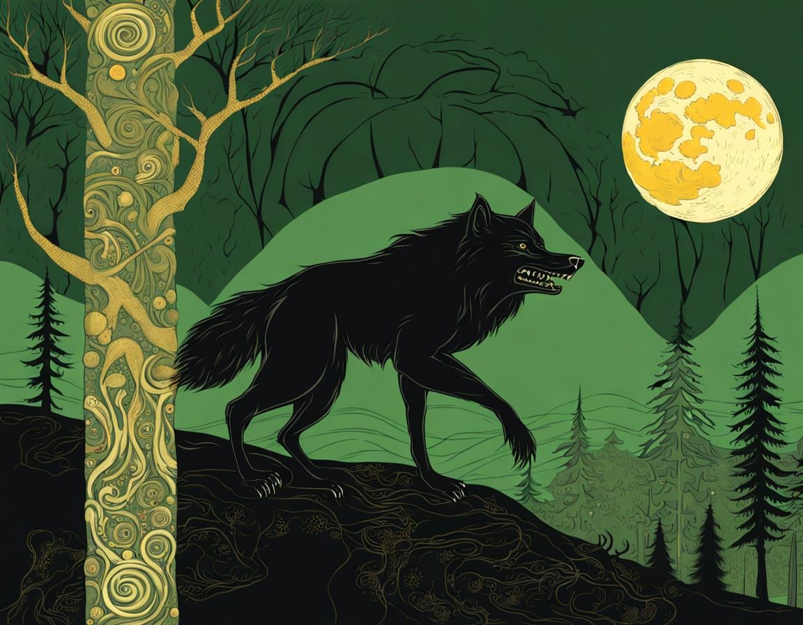 Werewolf in Forest Under Full Moon
