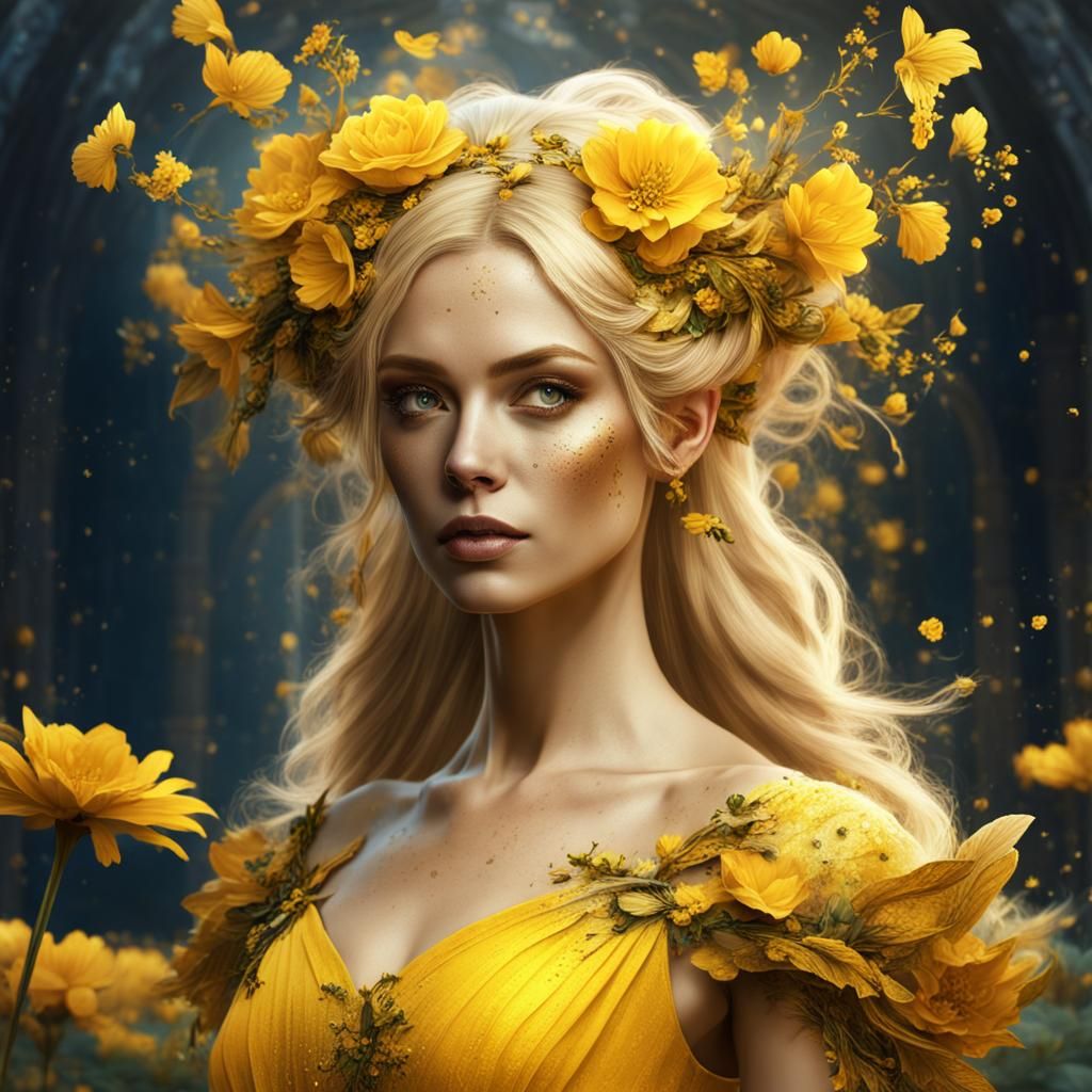 Blond Fairy with Yellow Dress in Matte Painting Style