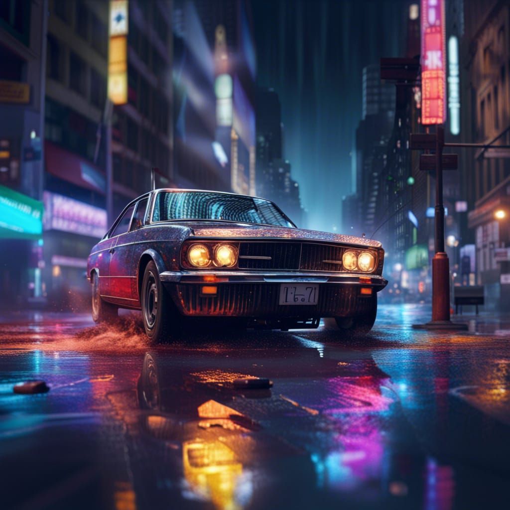 Hyperrealistic Car in City at Night: Splash Art