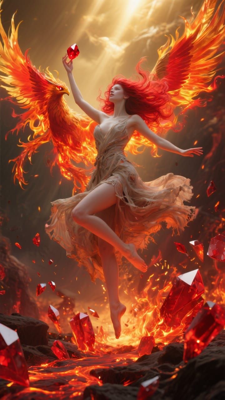 Goddess Leaping with Phoenix in Fiery Ballet