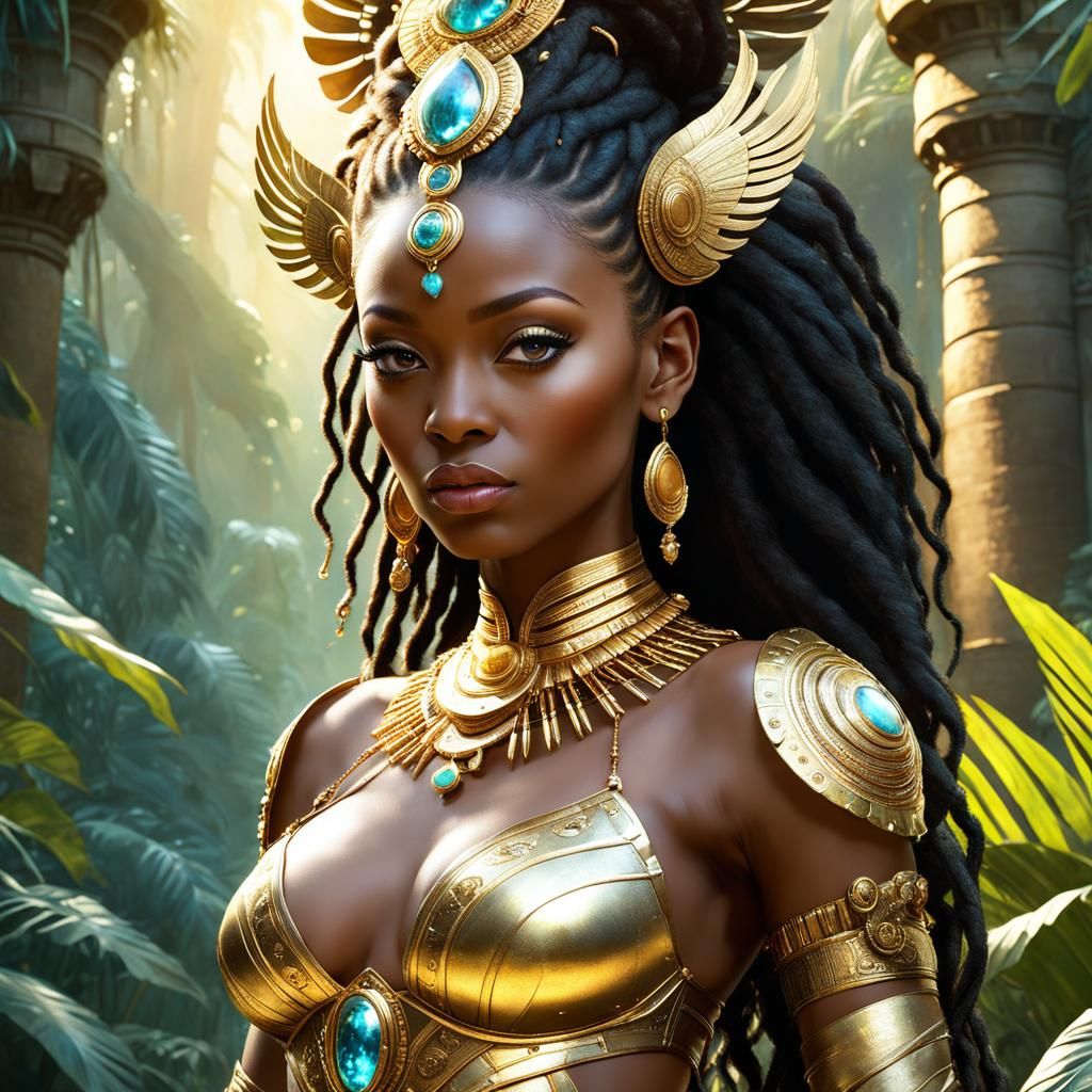 Golden African Goddess in Bioluminescent Jungle