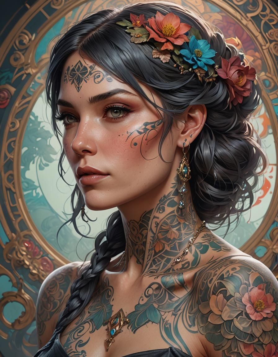 Tattooed Lady Portrait in Hyperdetailed Art Style
