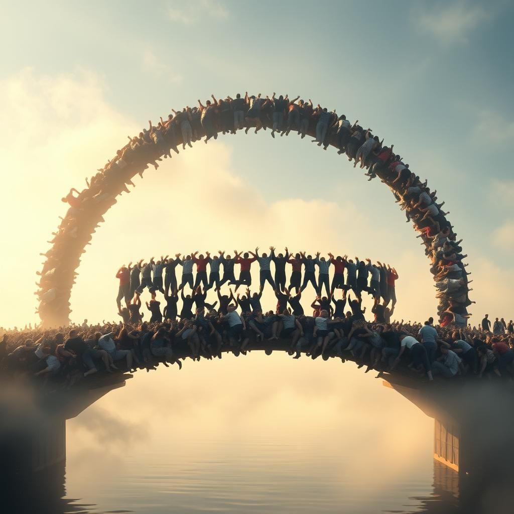 Majestic Human Bridge in Surrealist Dreamscape
