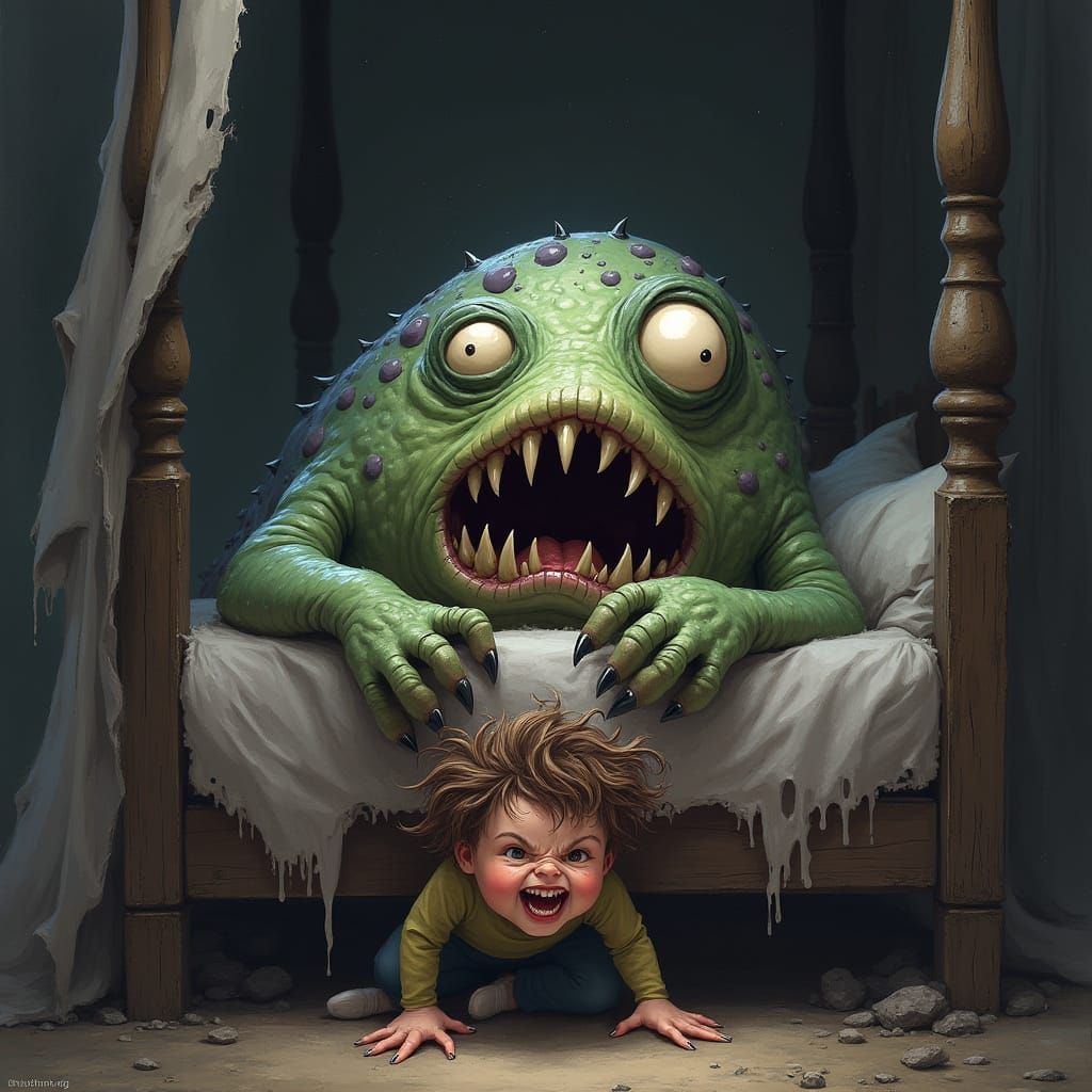 Grotesque Monster Cowers in Bed as Mischievous Boy Hides Ben...
