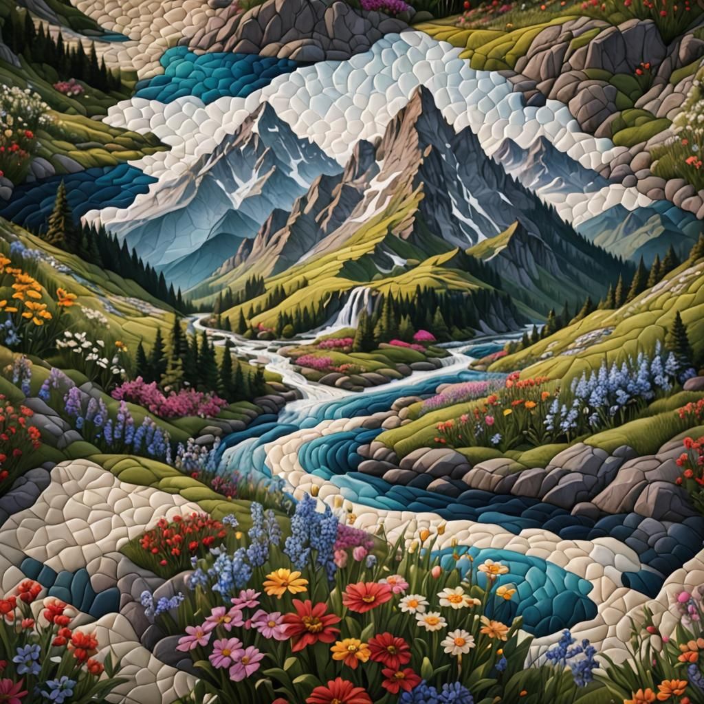 Quilted Mountain Landscape: Detailed Fantasy Art