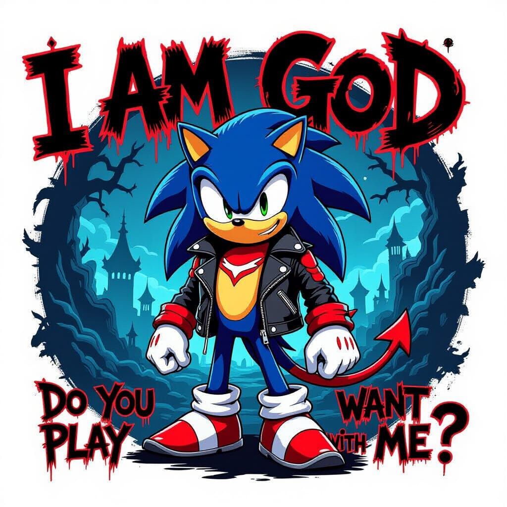 Sonic Devil Monster in Dark Realm with Graffiti Text