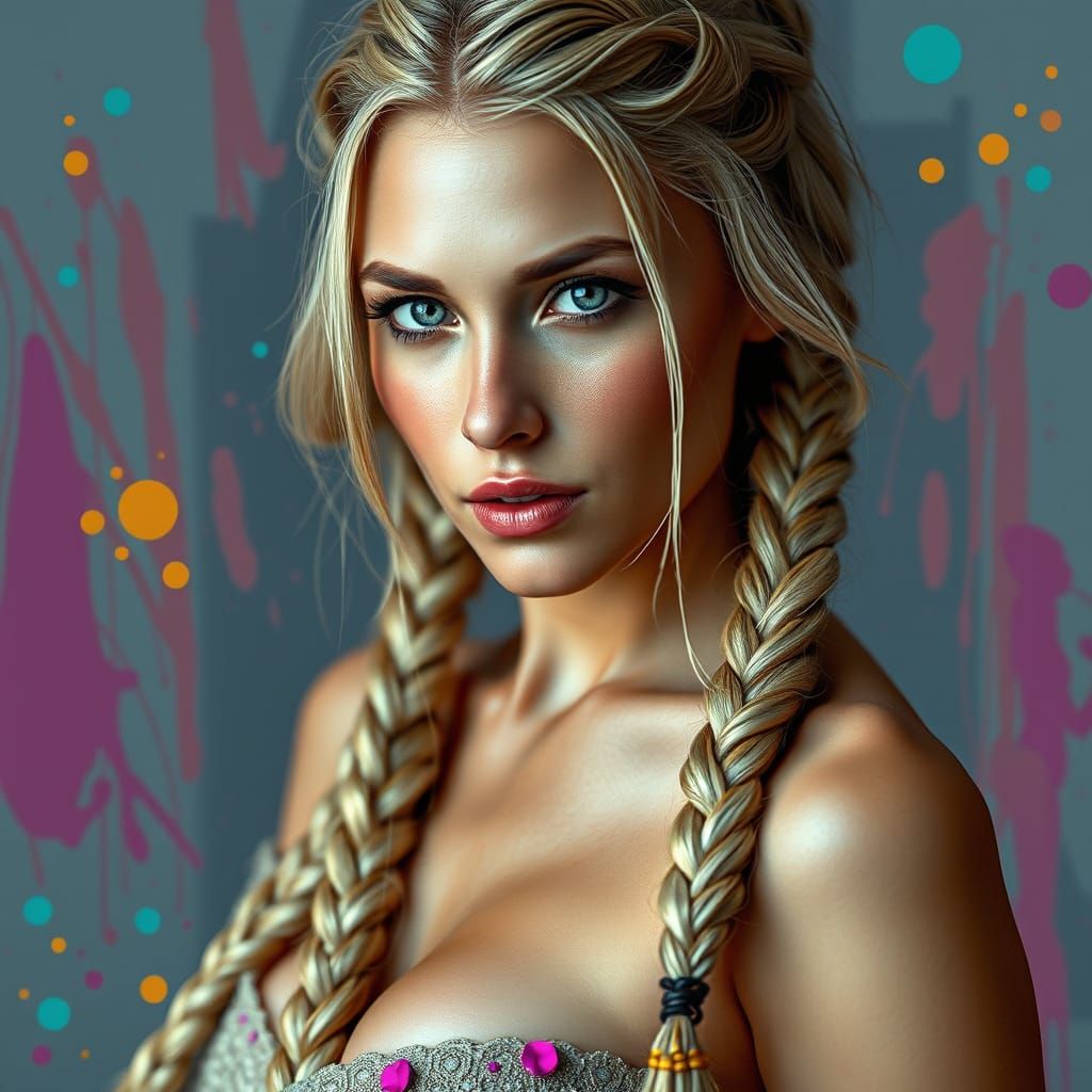 Blonde Woman Portrait with Braids in Hyperdetailed Style