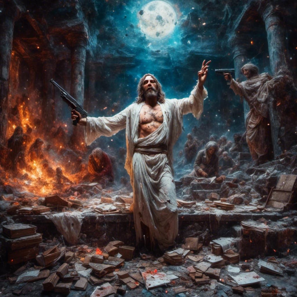 Angry Jesus Shoots Bankers: Macabre Oil Painting