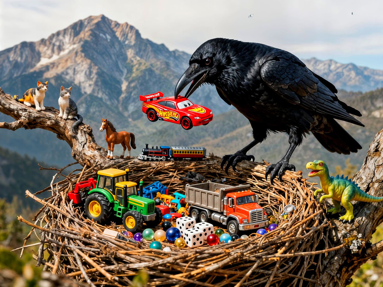 Raven Gathers Toys in Mountain Nest Hyperdetailed
