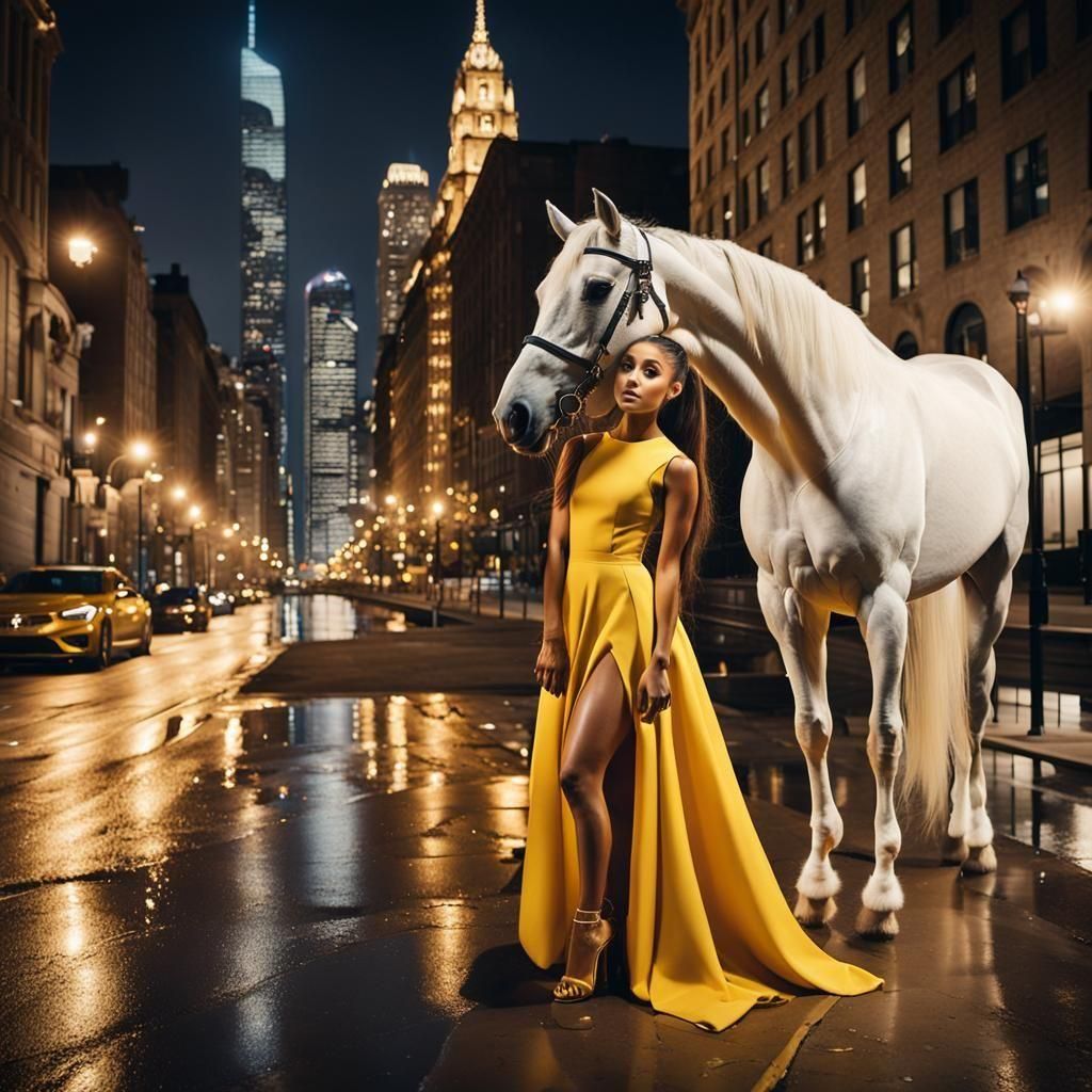 Woman in Yellow Dress with Horse in City