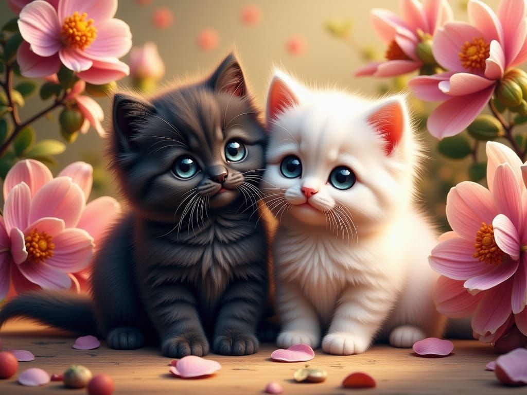 Vibrant Kittens Amidst Colorful Orchids in Golden Light