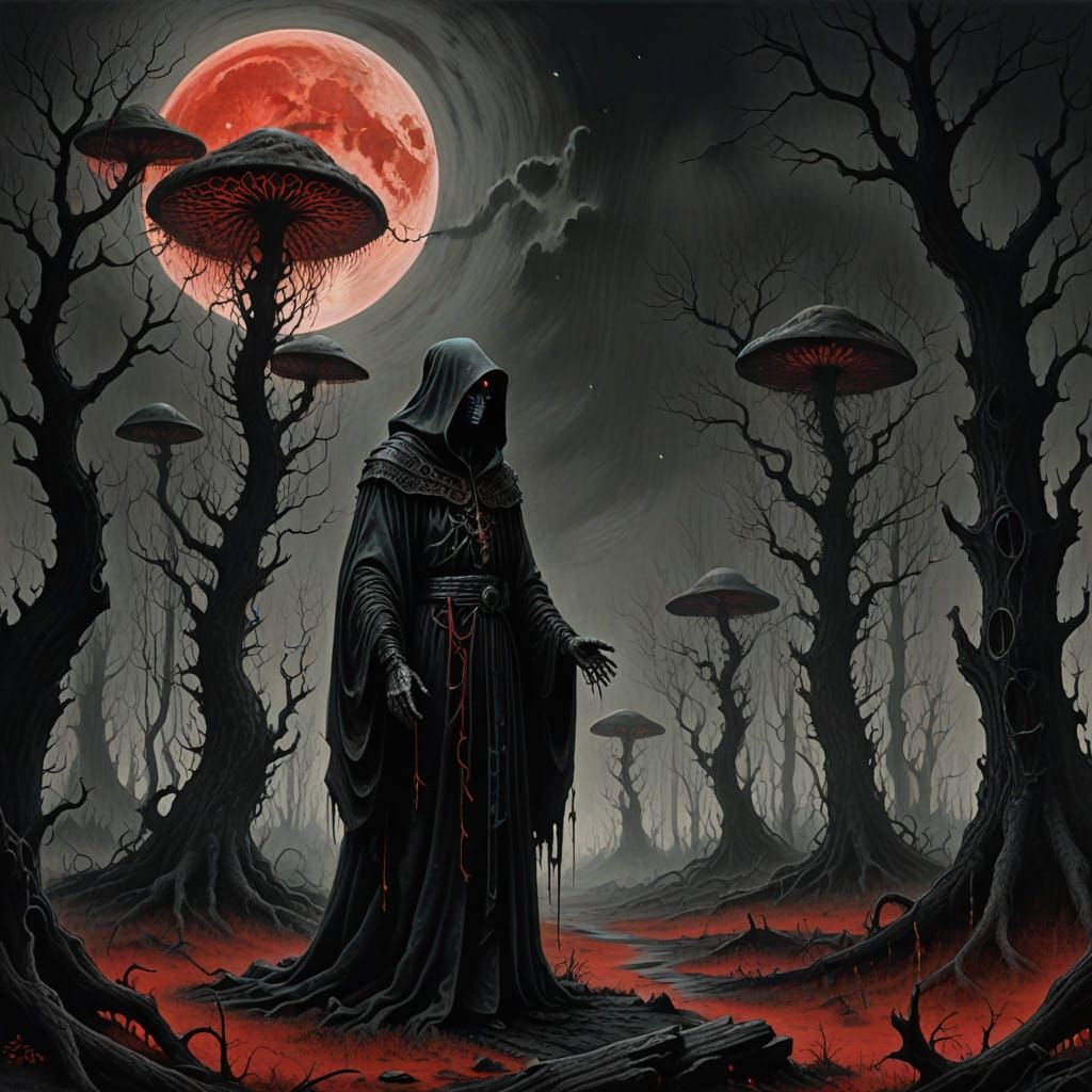 Sorceress in Dark Fantasy Landscape with Crimson Lace and Et...