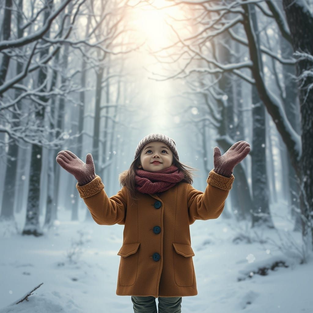 Young Girl in Serene Snowy Forest, Earth-Toned Coat, Tall Tr...