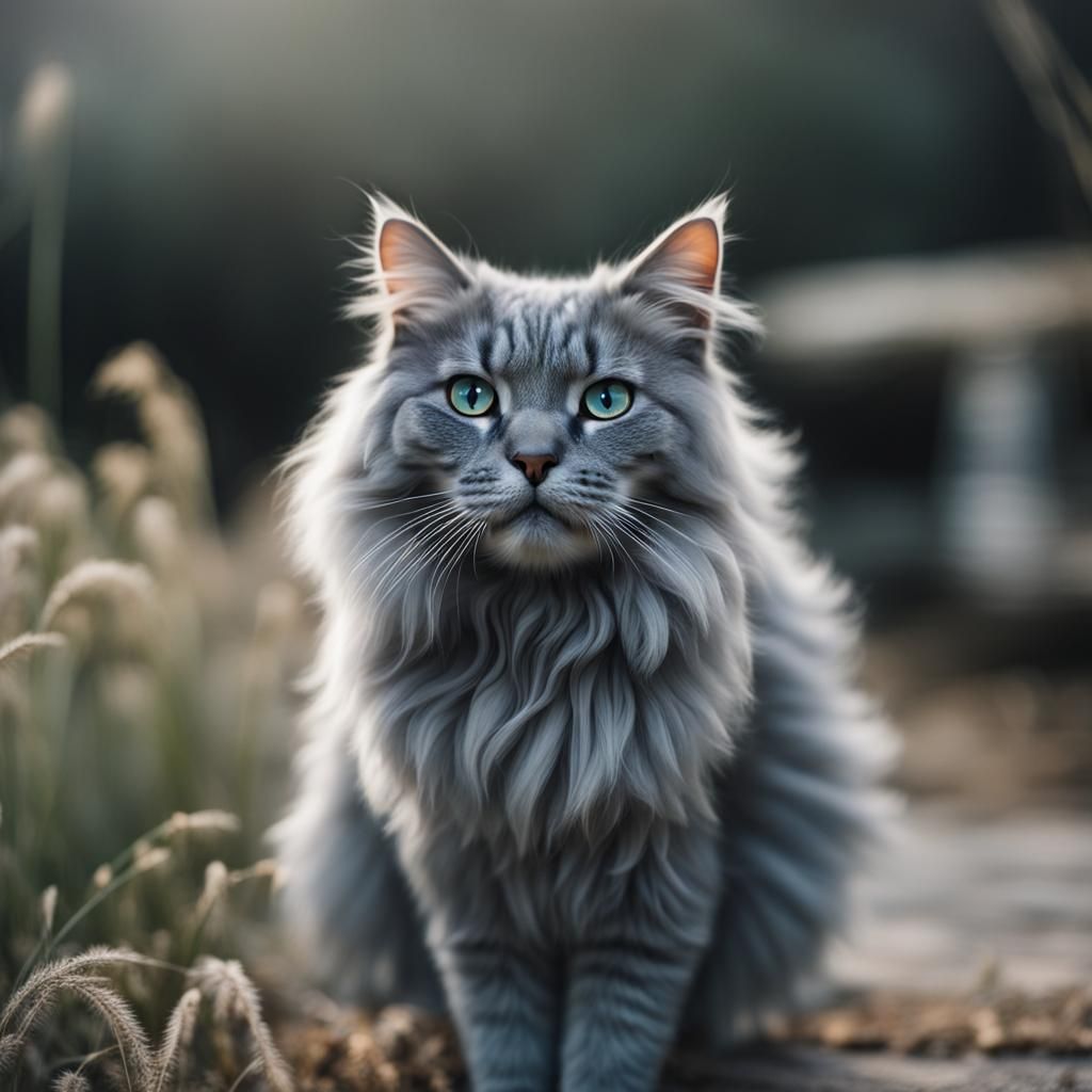 Smokey Blue Furry Cat Outdoors