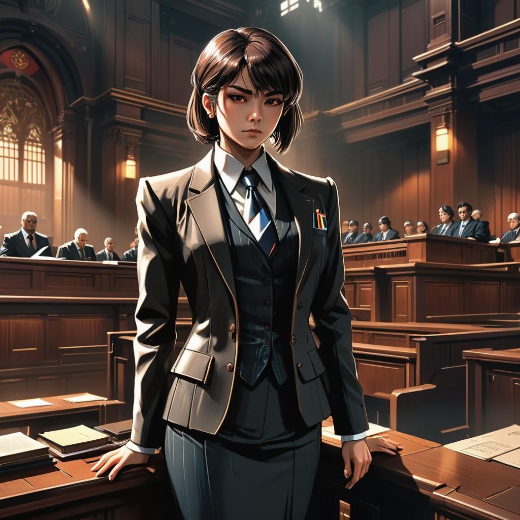 Cyberpunk Anime Lawyer in 1980s Courtroom