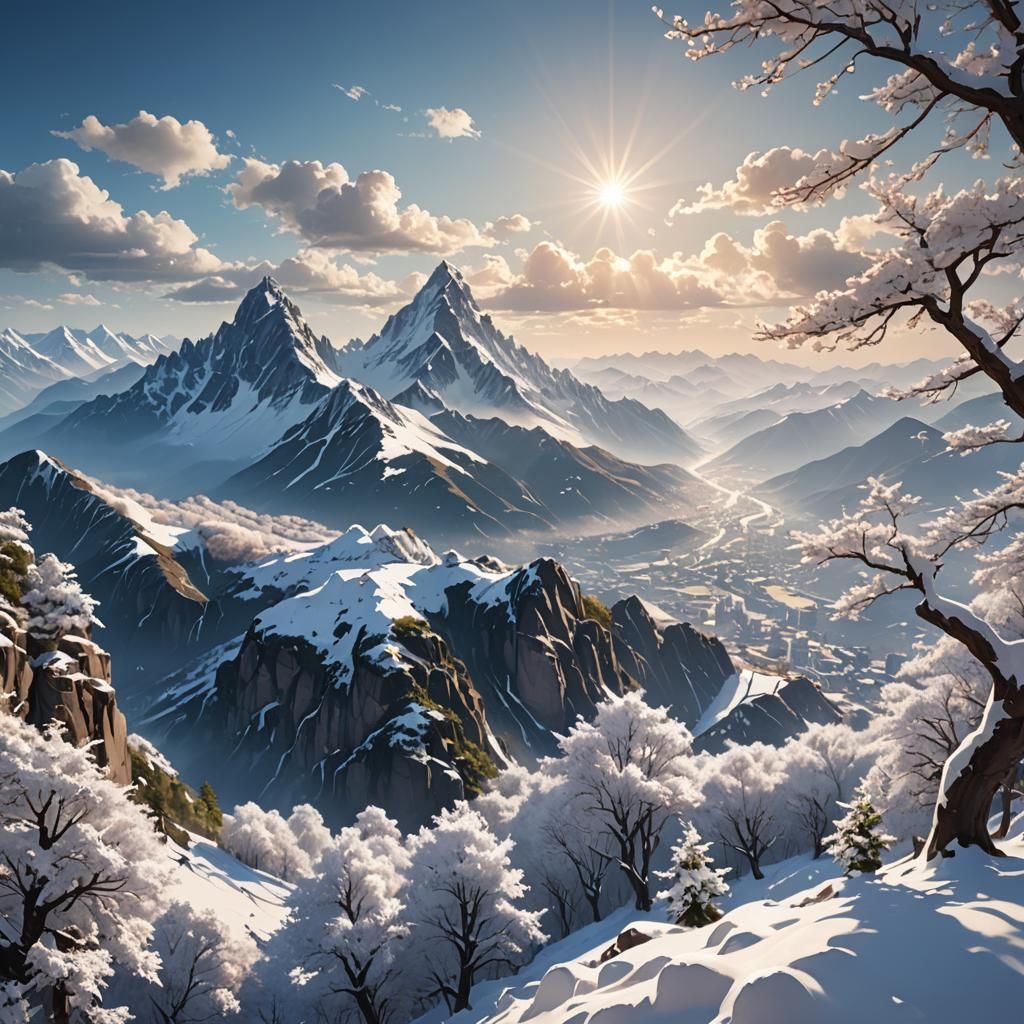 Snowy Mountains in Spring: Anime Style 3D Art