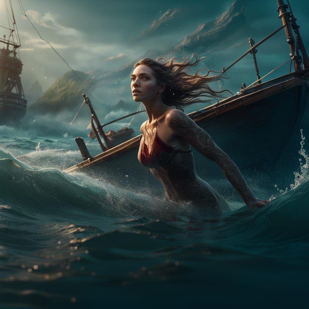 Woman Escaping Sinking Boat: Fantasy Concept Art
