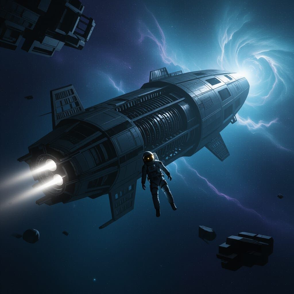 Astronaut Adrift in Derelict Spaceship Amidst Nebula