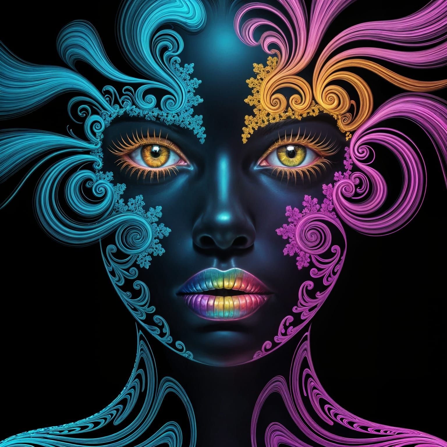 Psychedelic Portrait in Swirling Fractal Patterns