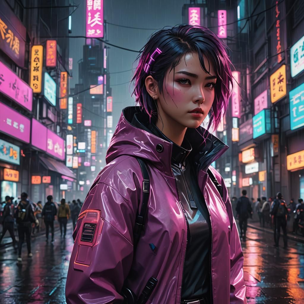 Medium shot of a female sci-fi protagonist in a cyberpunk ci...