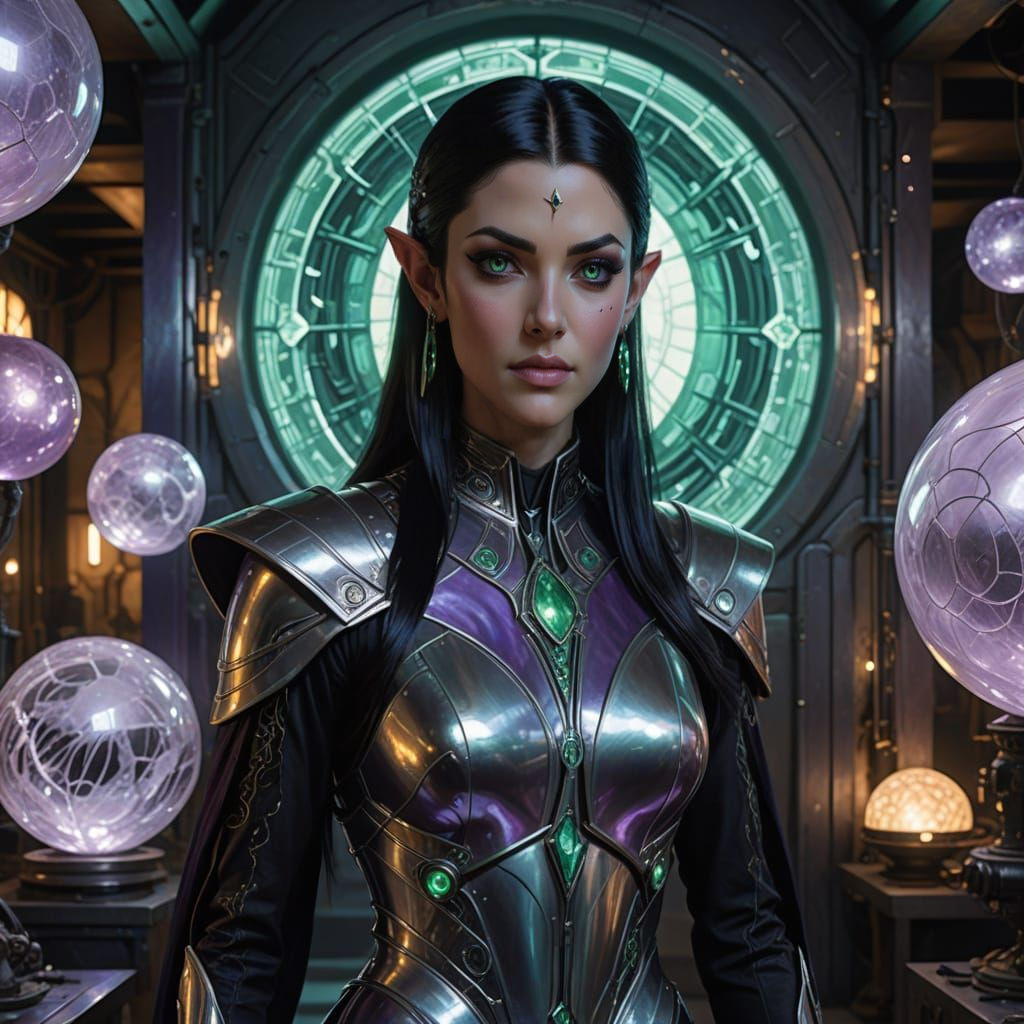 Elegant Drow Alchemist in a Futuristic Lab