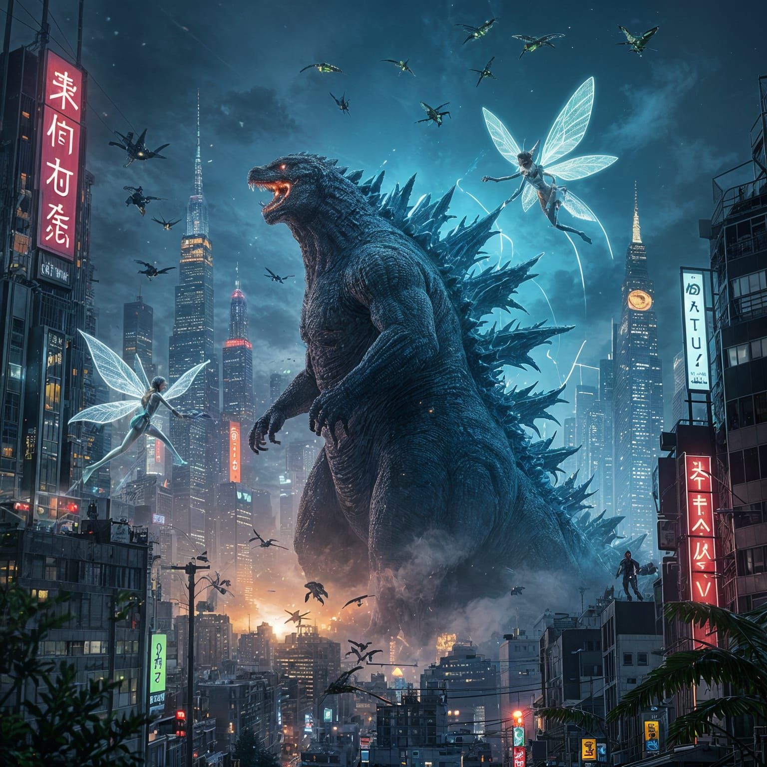 Godzilla Attacks Cyberpunk City Swarmed by Fairies