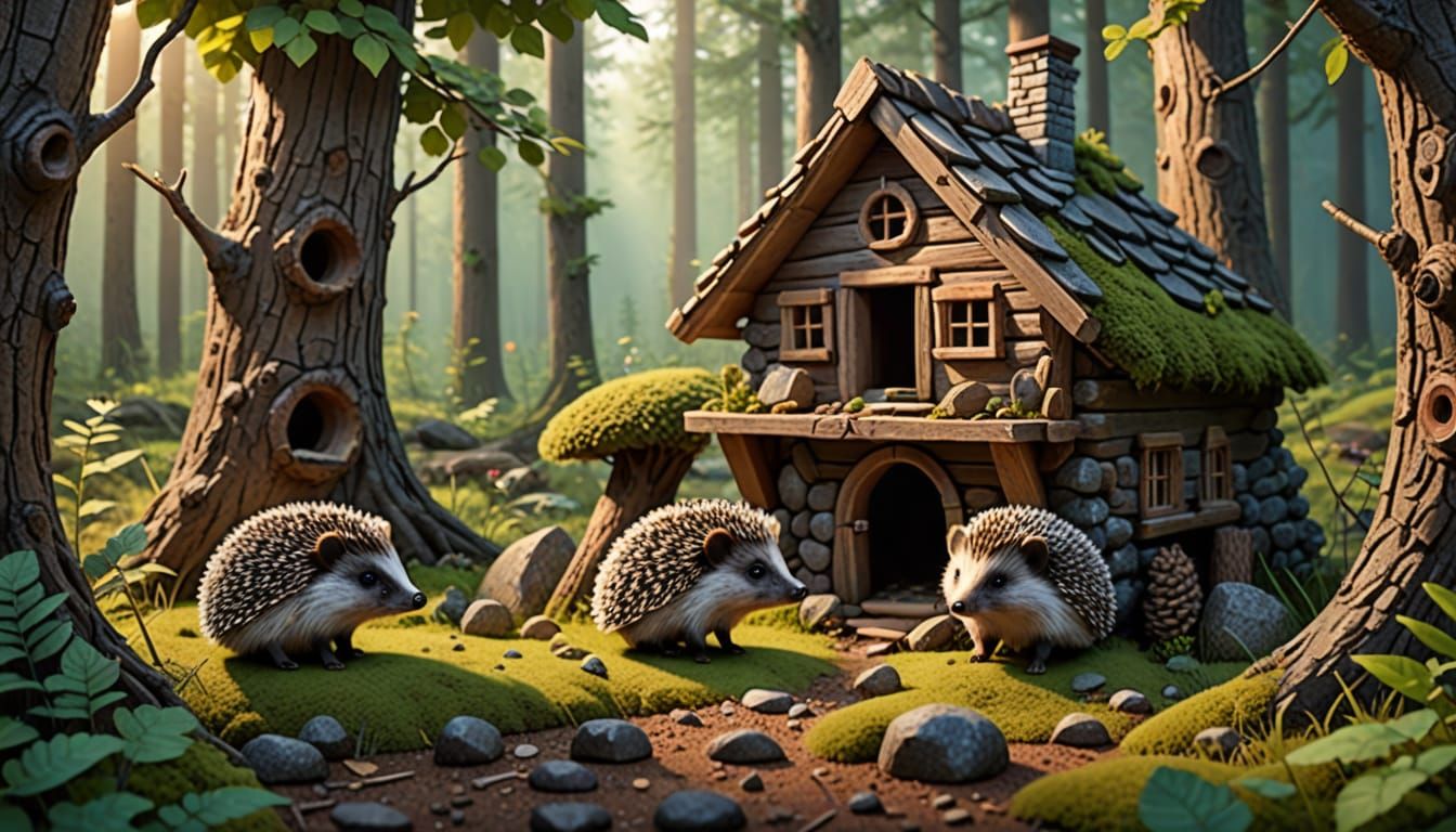 Cute Hedgehogs Building Cozy Forest Cabin