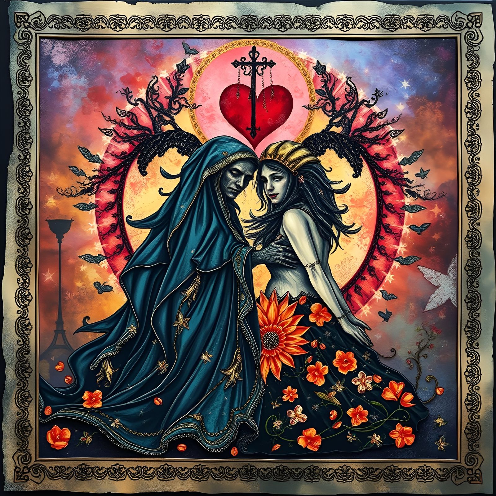 Gothic Luminous Mixed Media Collage of Ephemeral Love