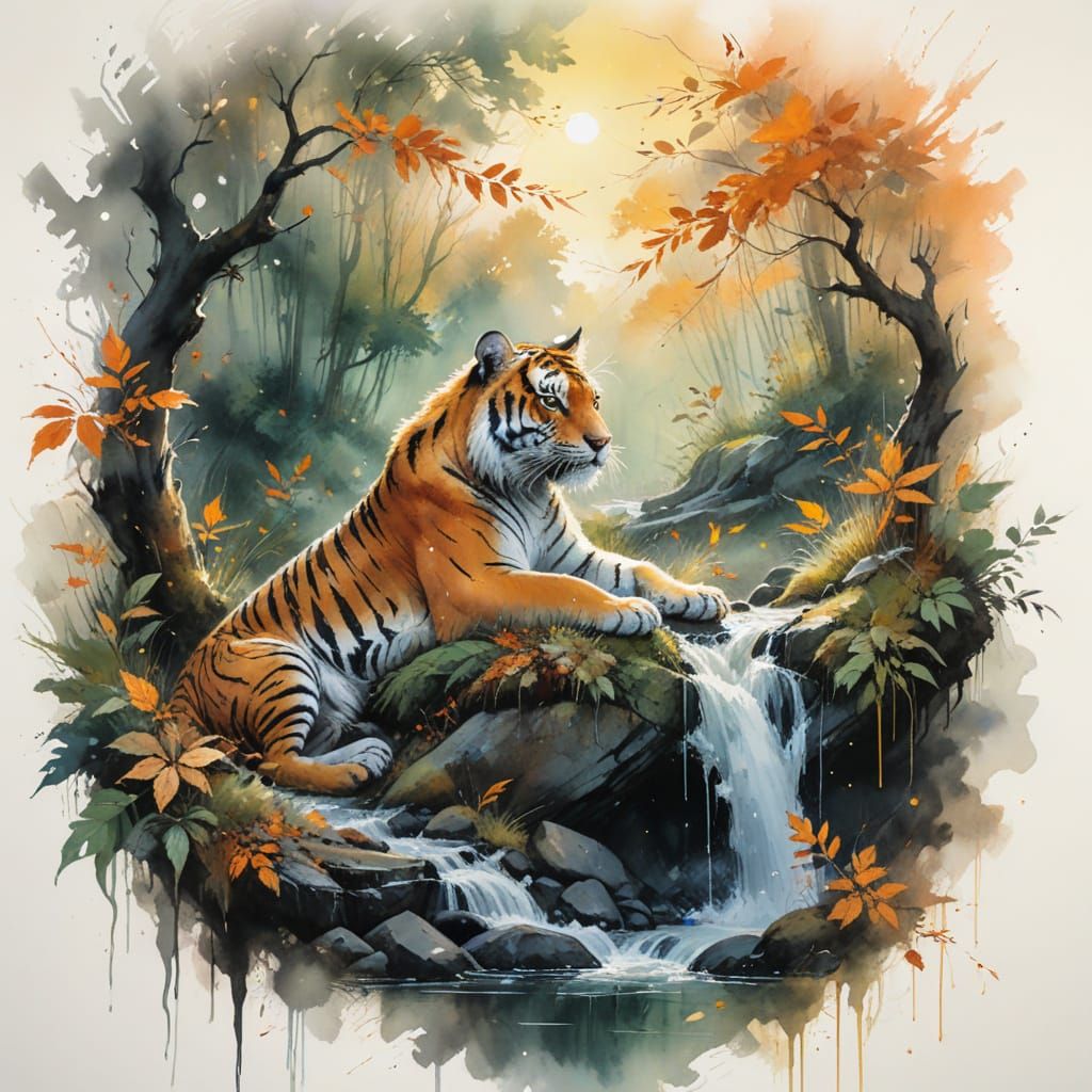 Tiger in Forest: Watercolour Art Fusion