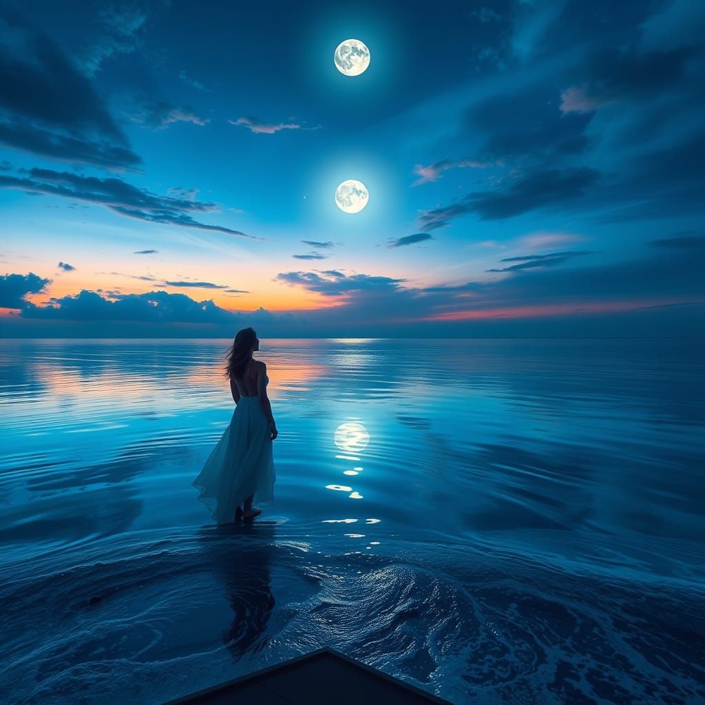 Elegant Ocean Scene with Serene Woman and Perfect Reflection