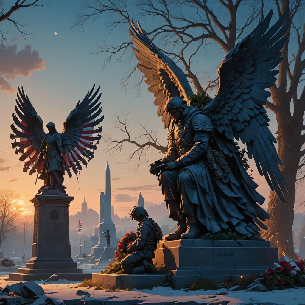 Angel Honors Fallen Soldier Memorial at Dusk