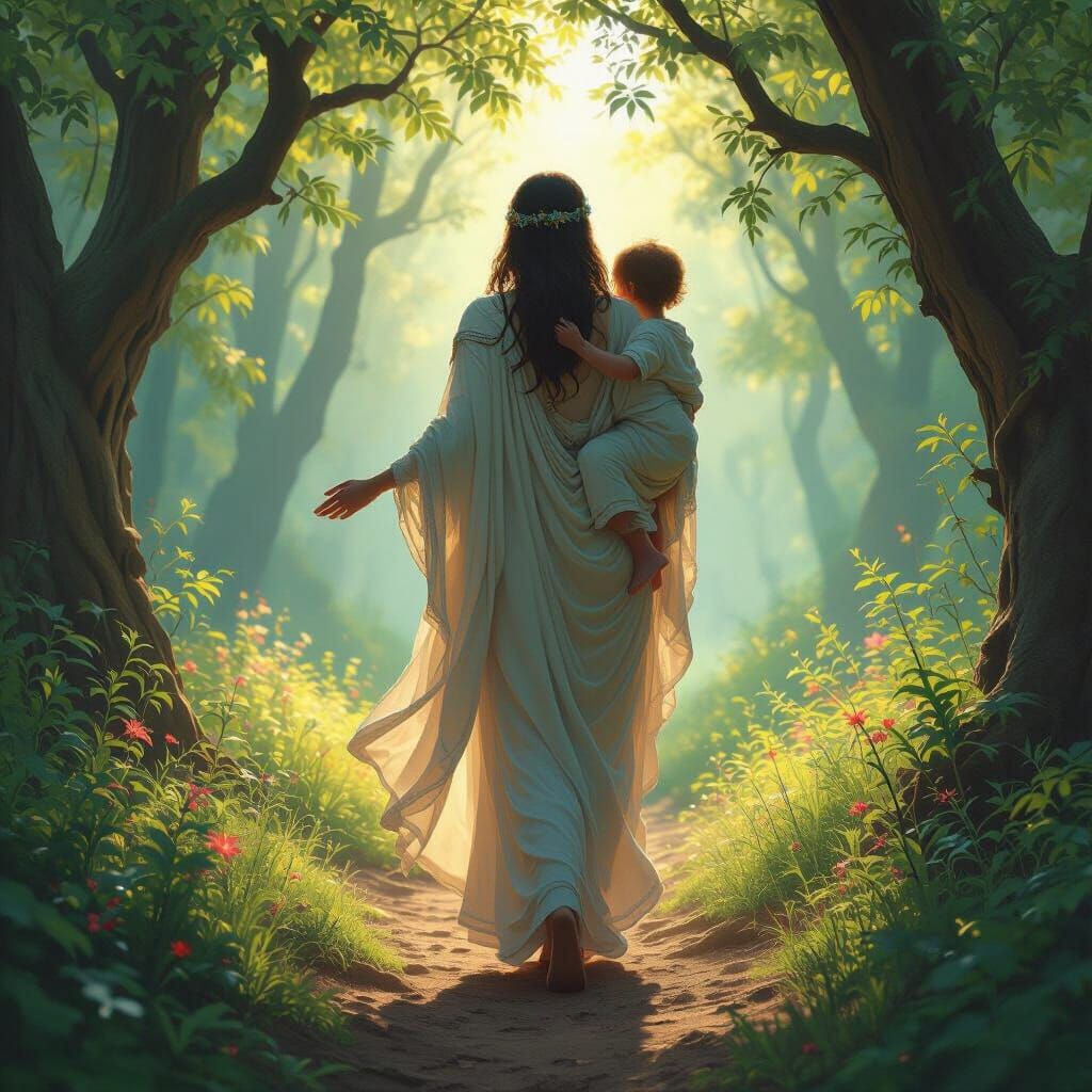 Ethereal Mother and Child in Enchanted Forest