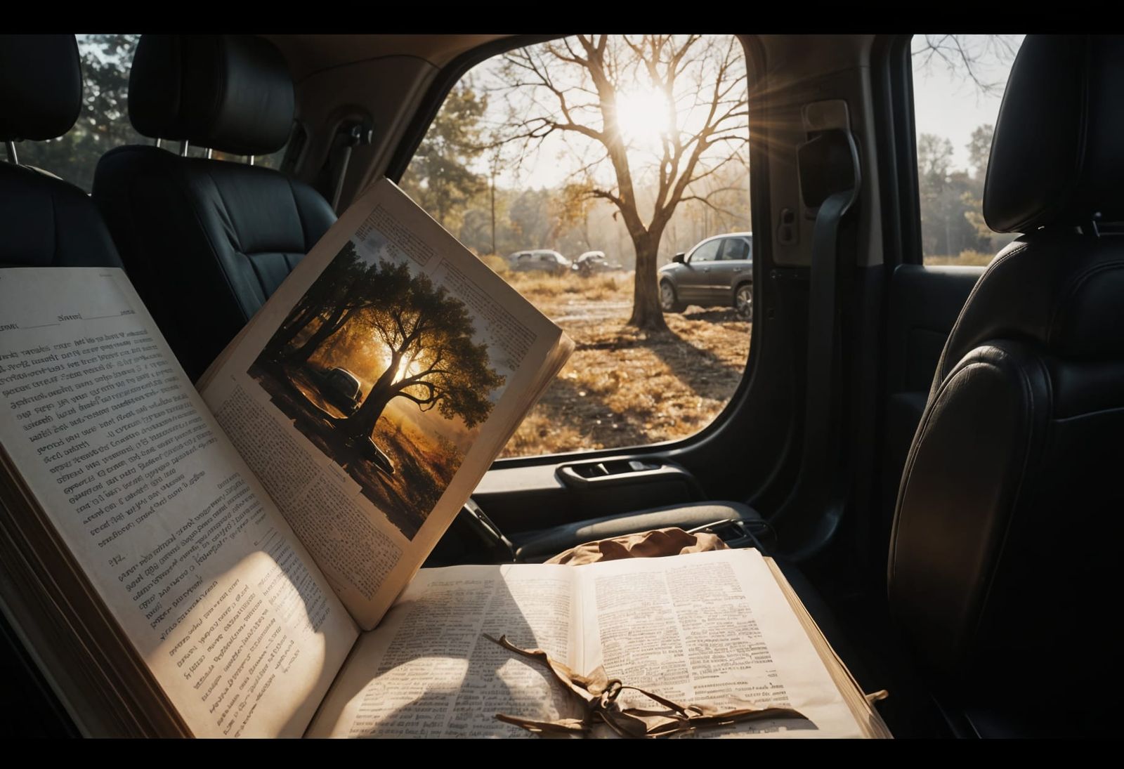 Hyperrealistic Book and Car Seat in Sunlight