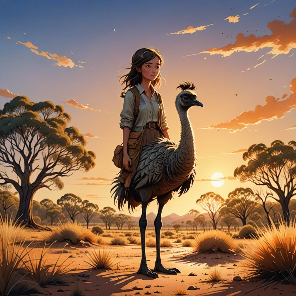Whimsical Emu Girl in Australian Outback
