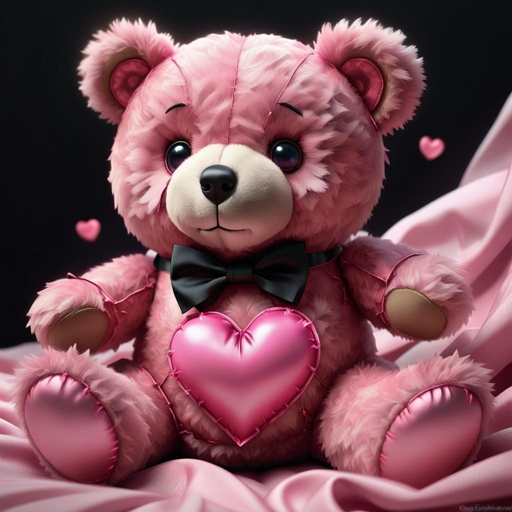 Pink Teddy Bear with Heart, Detailed Digital Art