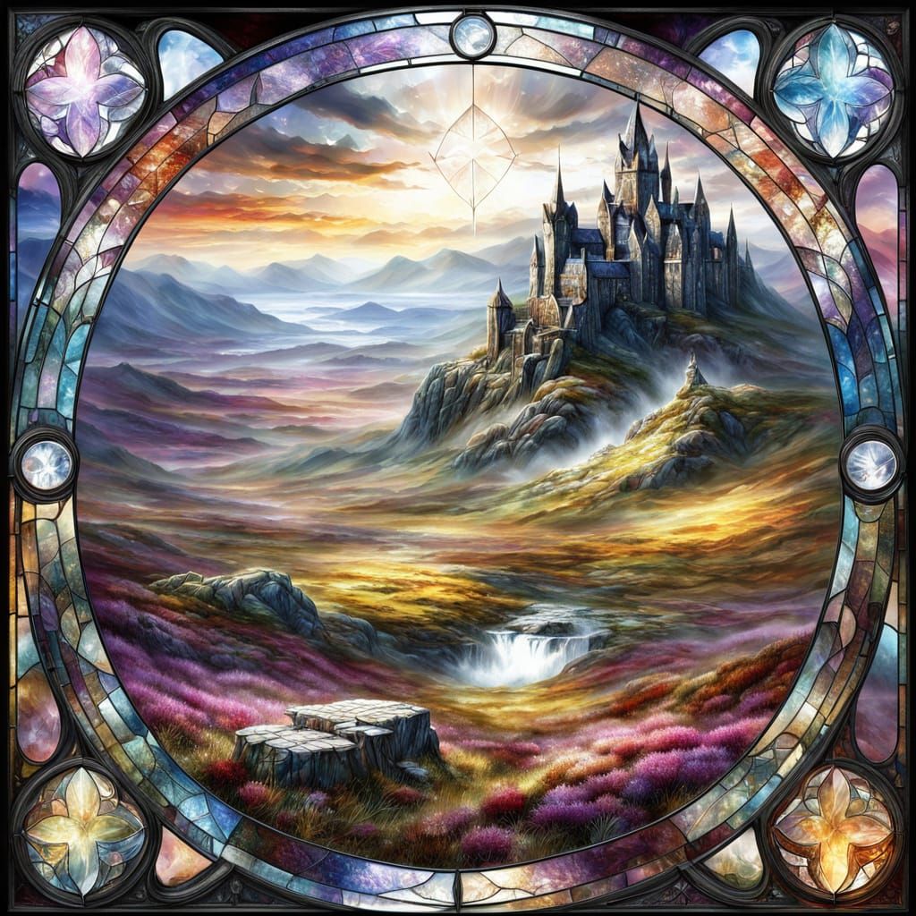 Scottish Moor Landscape in Stained Glass Style