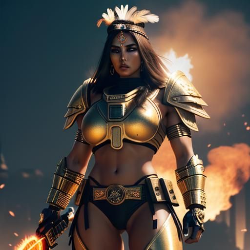 Aztec Warrior Woman with Flaming Sword in Cyberpunk Style
