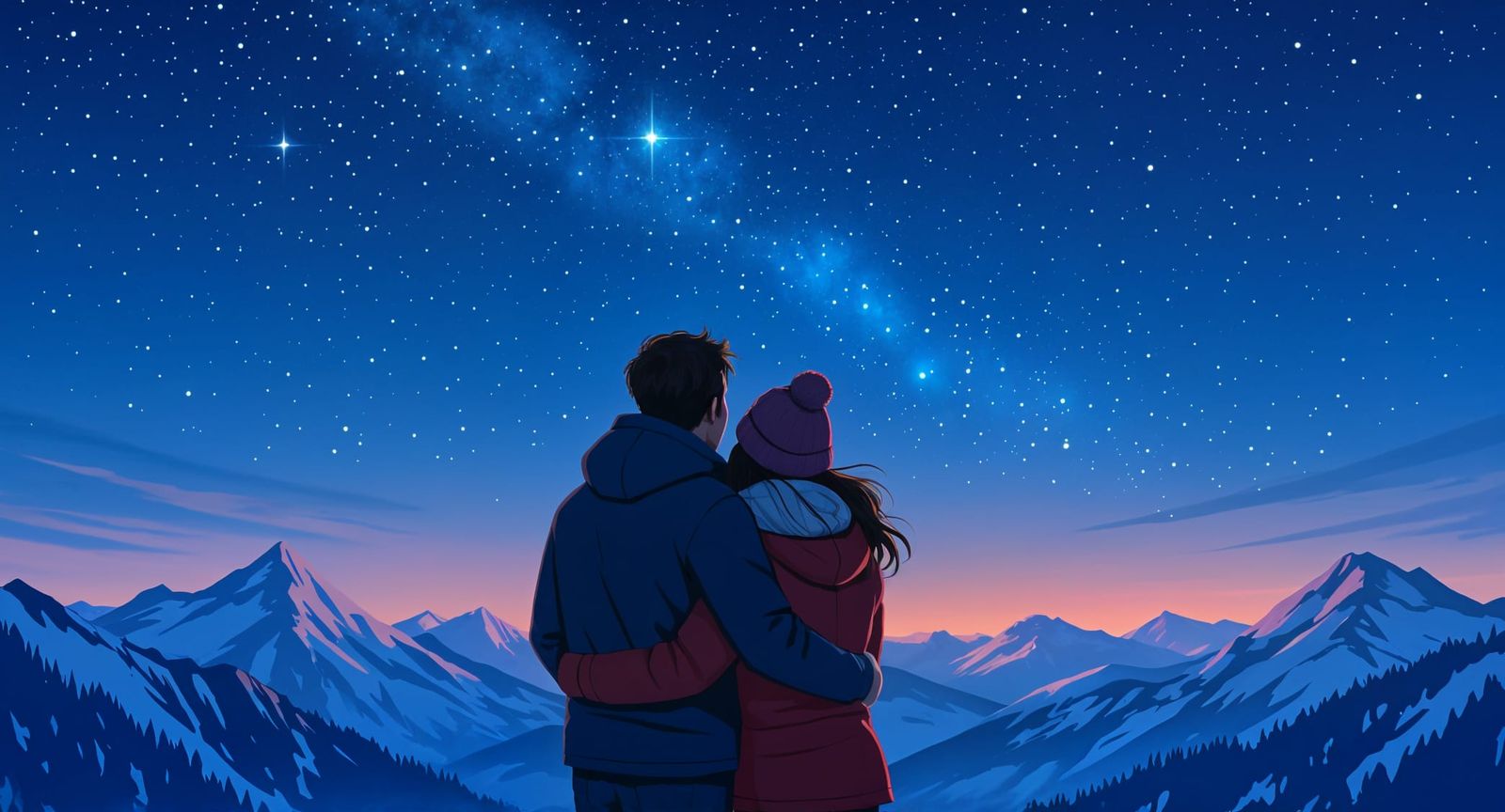 Couple Stargazing on Mountain Top at Night