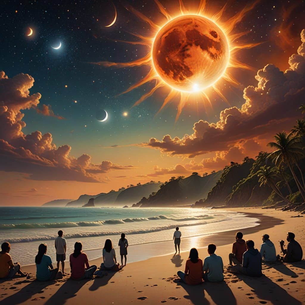Surreal Beach Scene of a Partial Solar Eclipse in Vibrant Co...