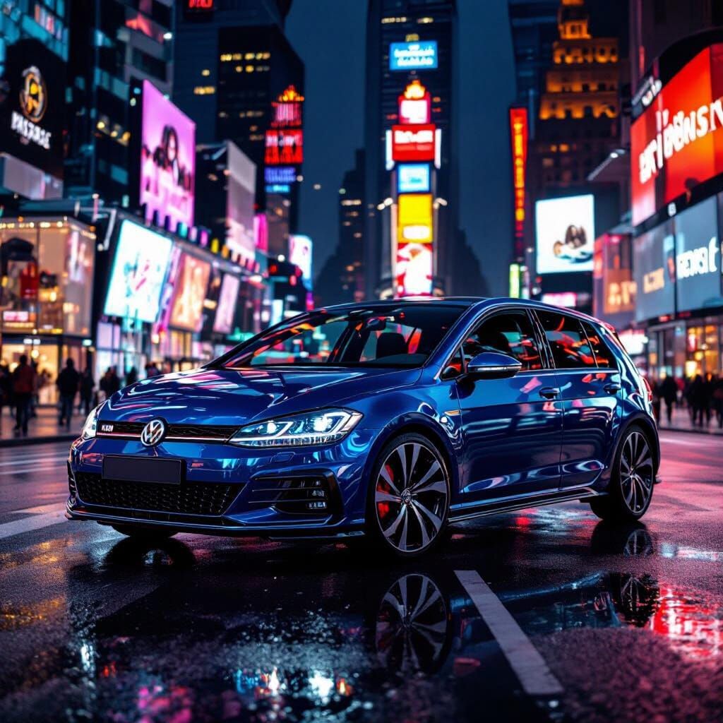 VW Golf GTI in Times Square at Night