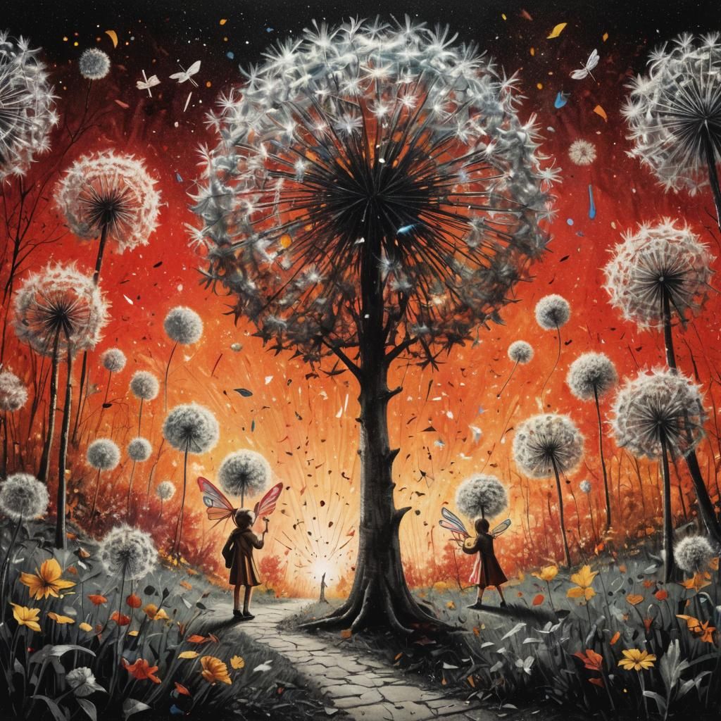 Surreal childlike landscape. Medium shot. Quaintly costumed ...