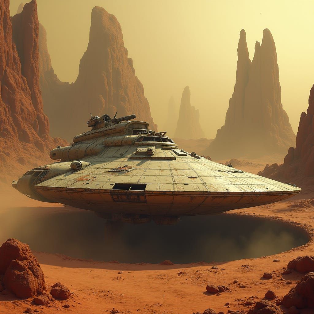 Rugged Saucer-Shaped Starship in Weathered Docking Bay