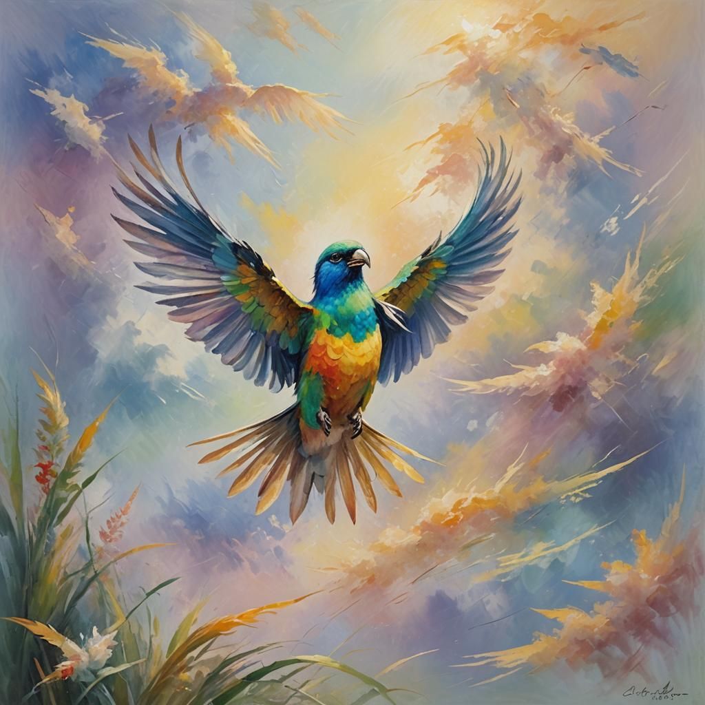 Tropical Bird in Flight: Impressionist Oil Painting
